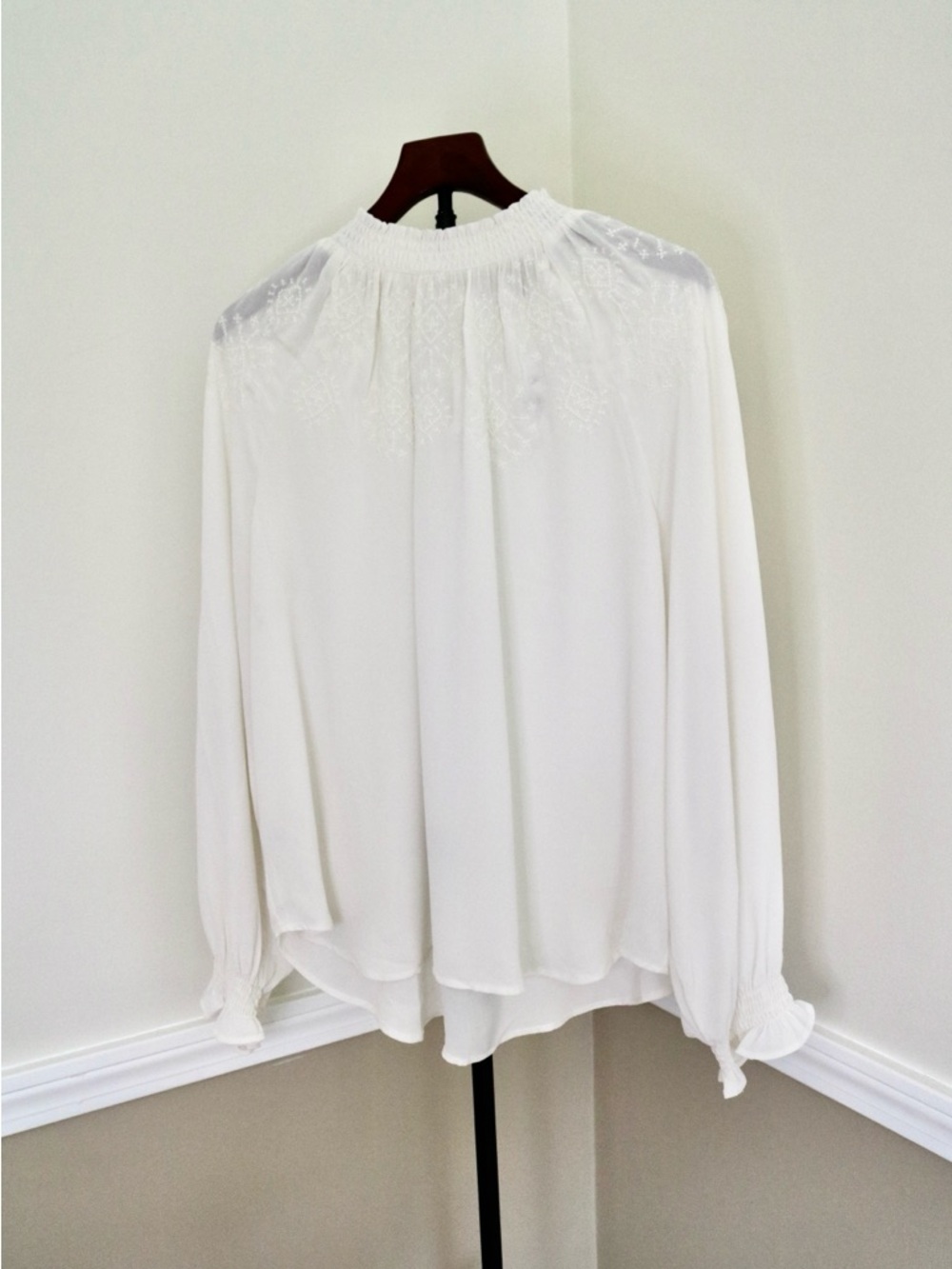 LOFT Ivory Smocked-Neck Long Sleeve Blouse